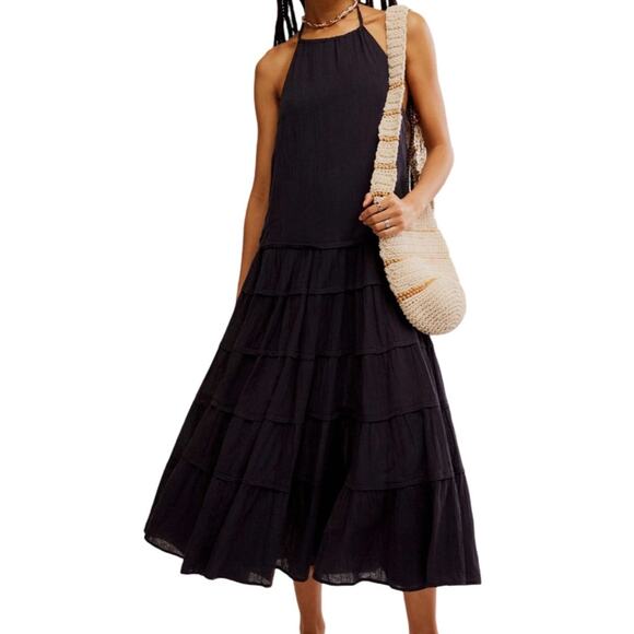 Free People Somewhere Sunny Halter Midi Dress - Black Size M - Picture 1 of 7